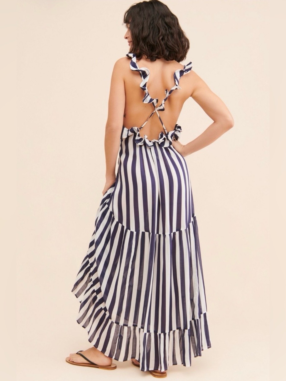 Anthropologie Navy and White Striped Ruffle Strap Maxi Dress Size 1X